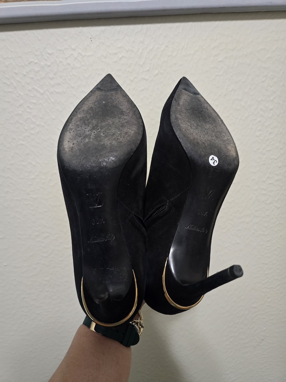 Black Suede Stiletto Heels with Gold Accent - Designer Style - Picture 7 of 7